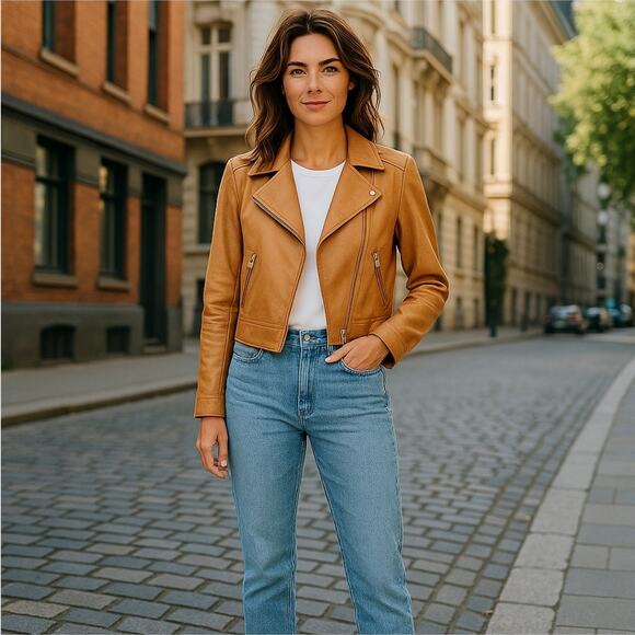 DKNY Carmel Tan Brown Satin Effect Moto Jacket Rose Gold Hardware Size XS - Picture 1 of 8